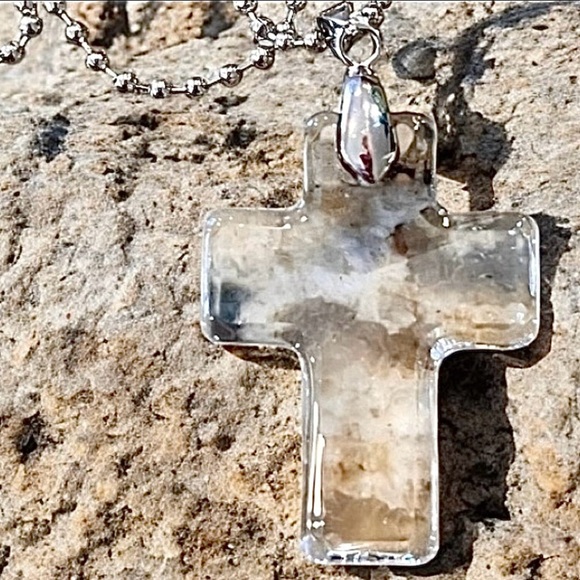 Crystal Clear Geometric Cross Necklace with silver toned Beaded Chain 22” - Picture 3 of 17